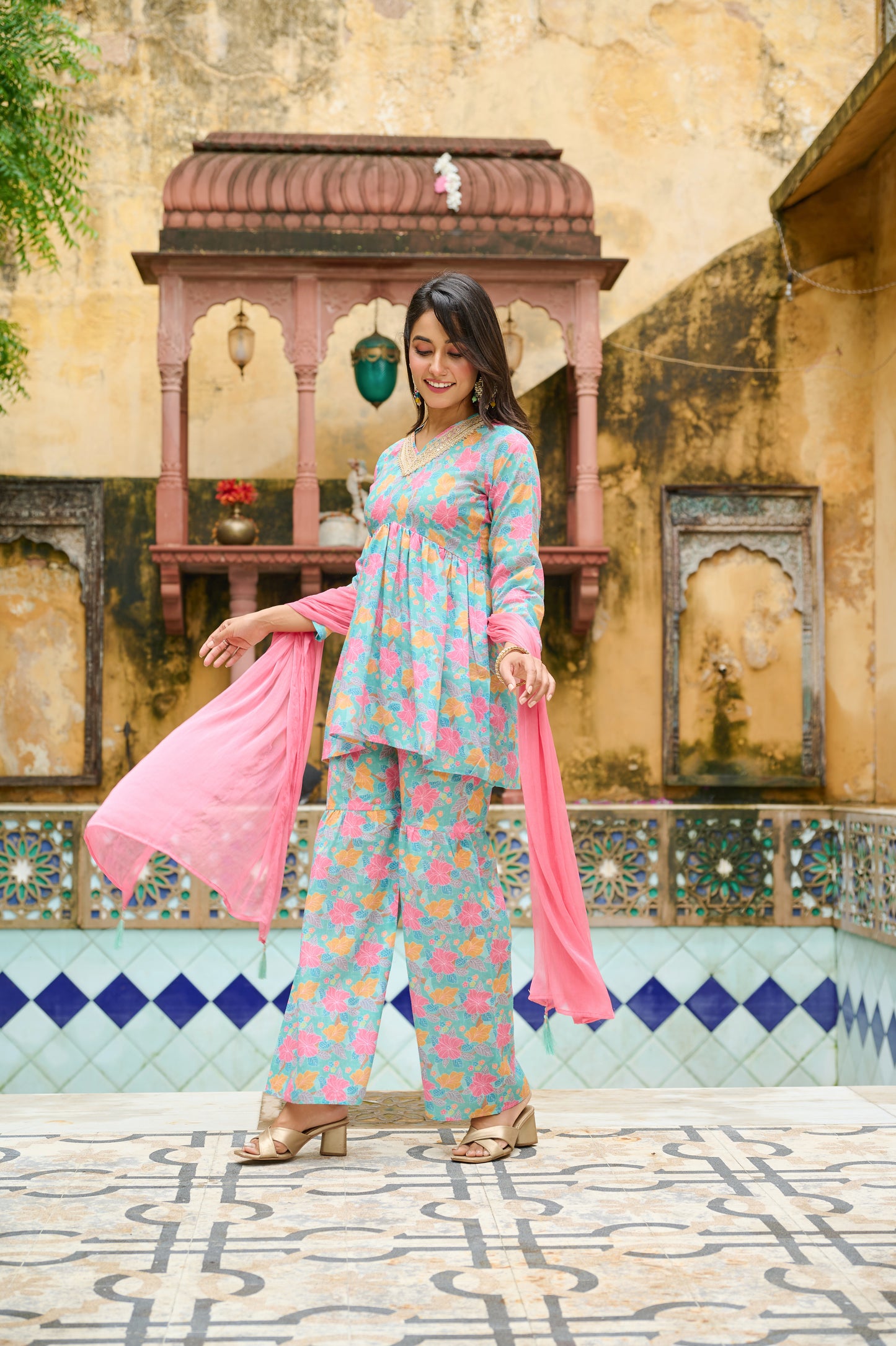 Kudi Botanical Print Cotton Kurta Set with Dupatta