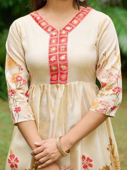 Ira Floral Printed Anarkali Pleated Kurta & Trousers With Printed Dupatta