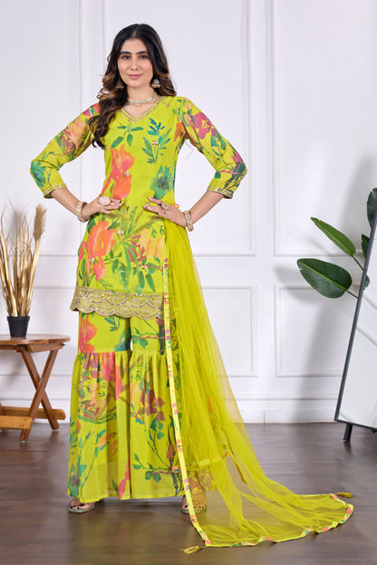Palak Embroidered Printed Sharara Set with Dupatta