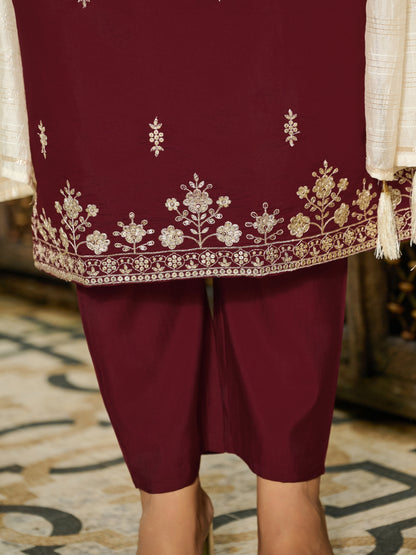 Tanvi Silk Blend Embroidered Kurta Set with Trousers and dupatta
