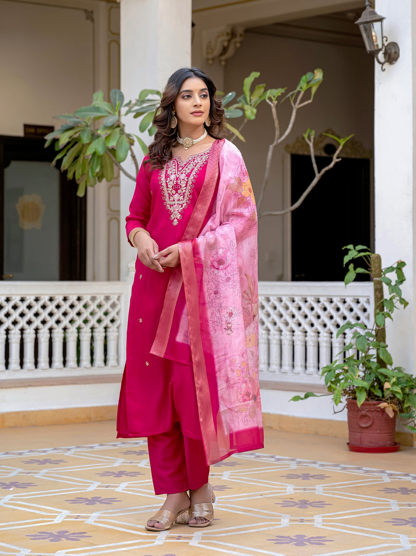 Sara Motifs Embroidered Silk Kurta with Trouser & Dupatta