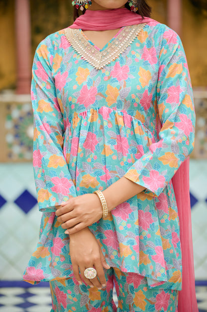 Kudi Botanical Print Cotton Kurta Set with Dupatta