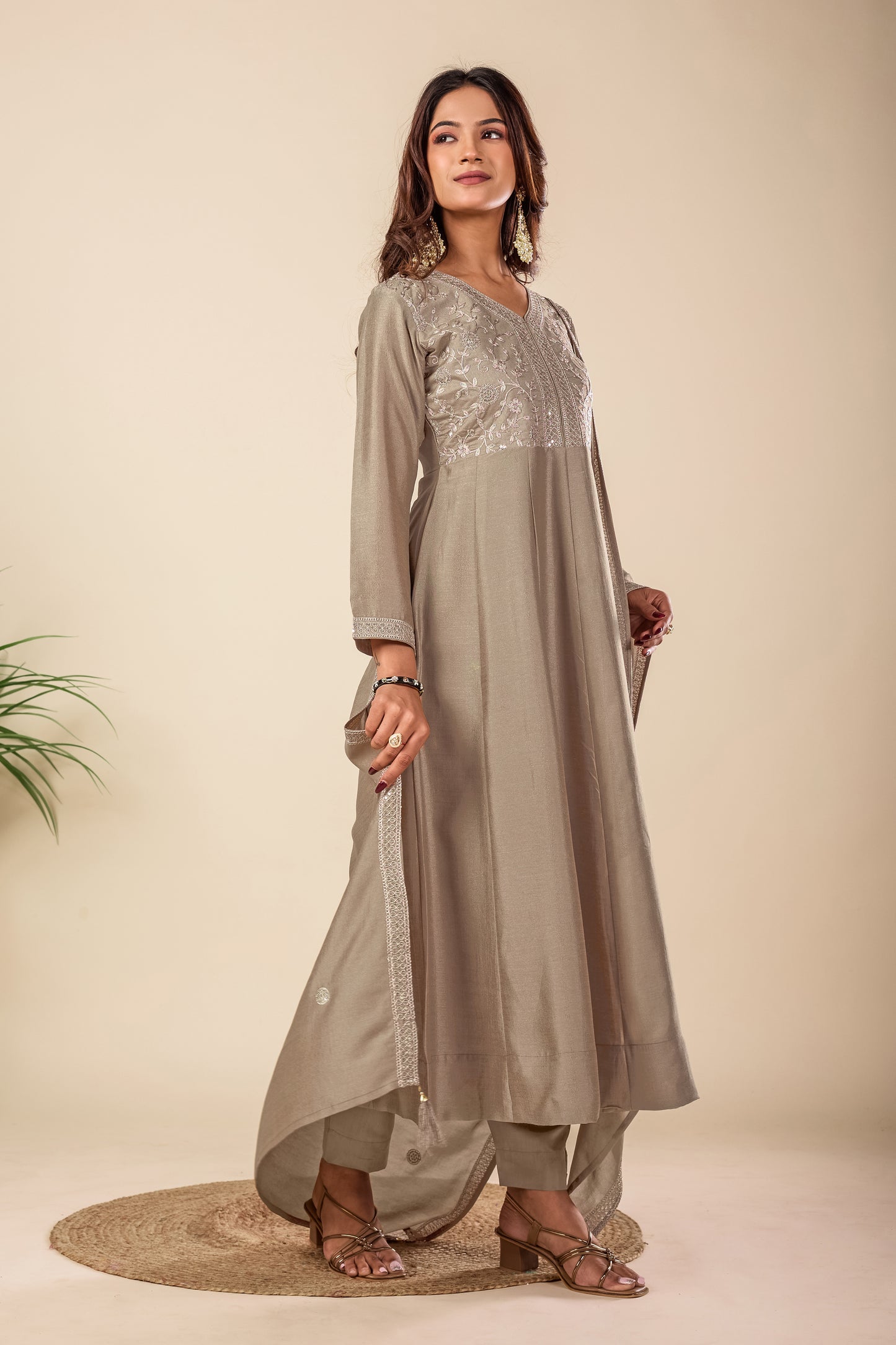Beige Embroidered Silk Anarkali Kurta With Dupatta Set
