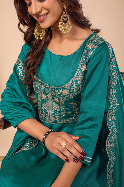 Rama Embroidered Silk Anarkali Kurta With Dupatta Set