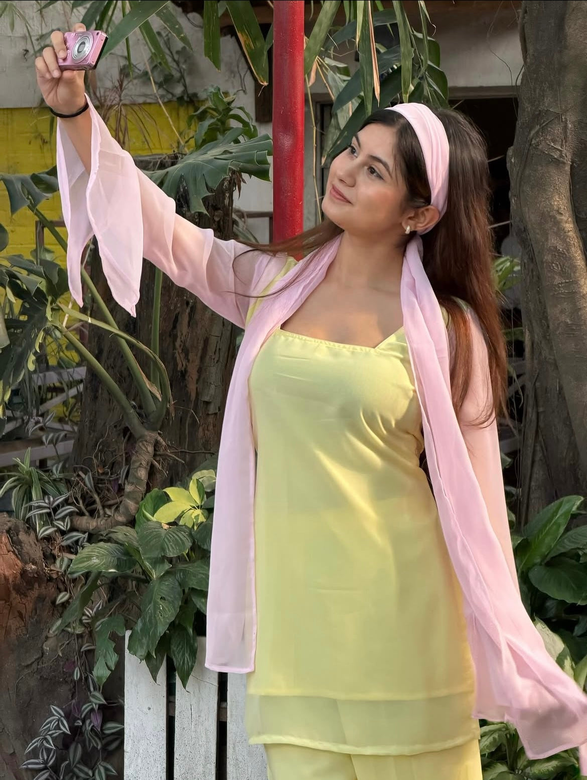 90's Style Iconic Pastel Yellow Kurta Set with Bell Bottom Palazzo & Dupatta