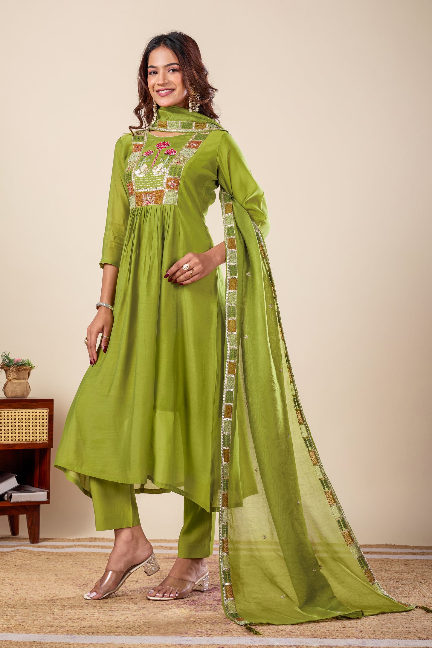 Lotus Green Embroidered Pure Mul Chanderi Anarkali Kurta With Dupatta Set