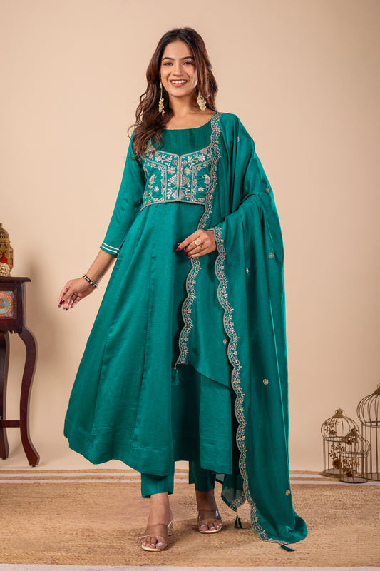 Rama Koti Embroidered Silk Anarkali Kurta With Dupatta Set