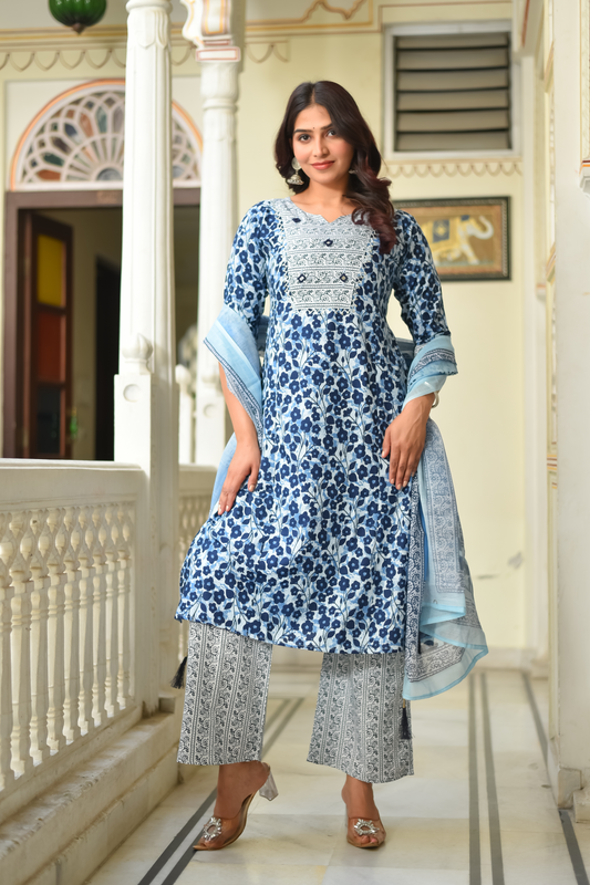 OCEAN LEAF COTTON KURTA SET WITH DUPATTA