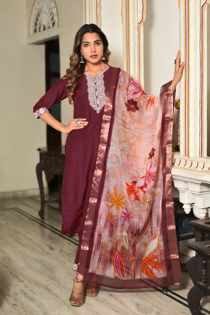 Velour Charm Embroidered Kurta Set with Dupatta
