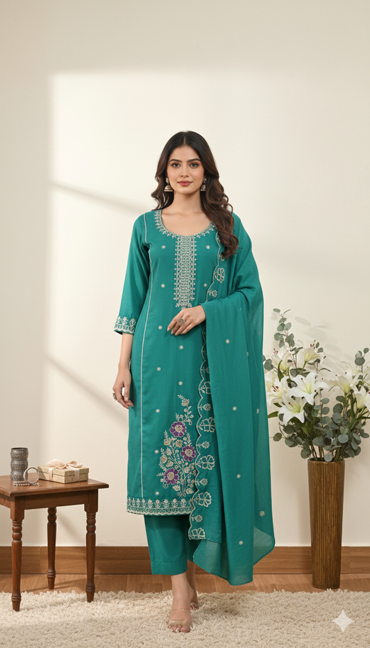 Teal Blue Gulzar Floral Embroidered Silk Kurta Set with Dupatta