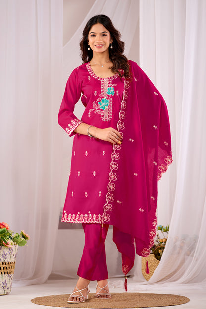 Pink Aarohi Ethnic Motifs Embroidered Silk Kurta Set with Dupatta