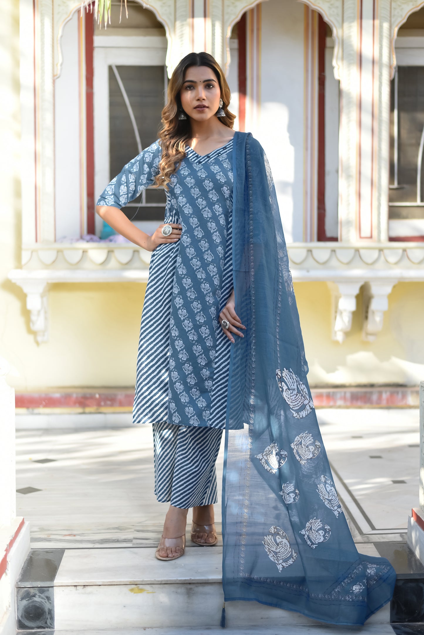 Serene Sky Blue Floral Kurta Set with Dupatta