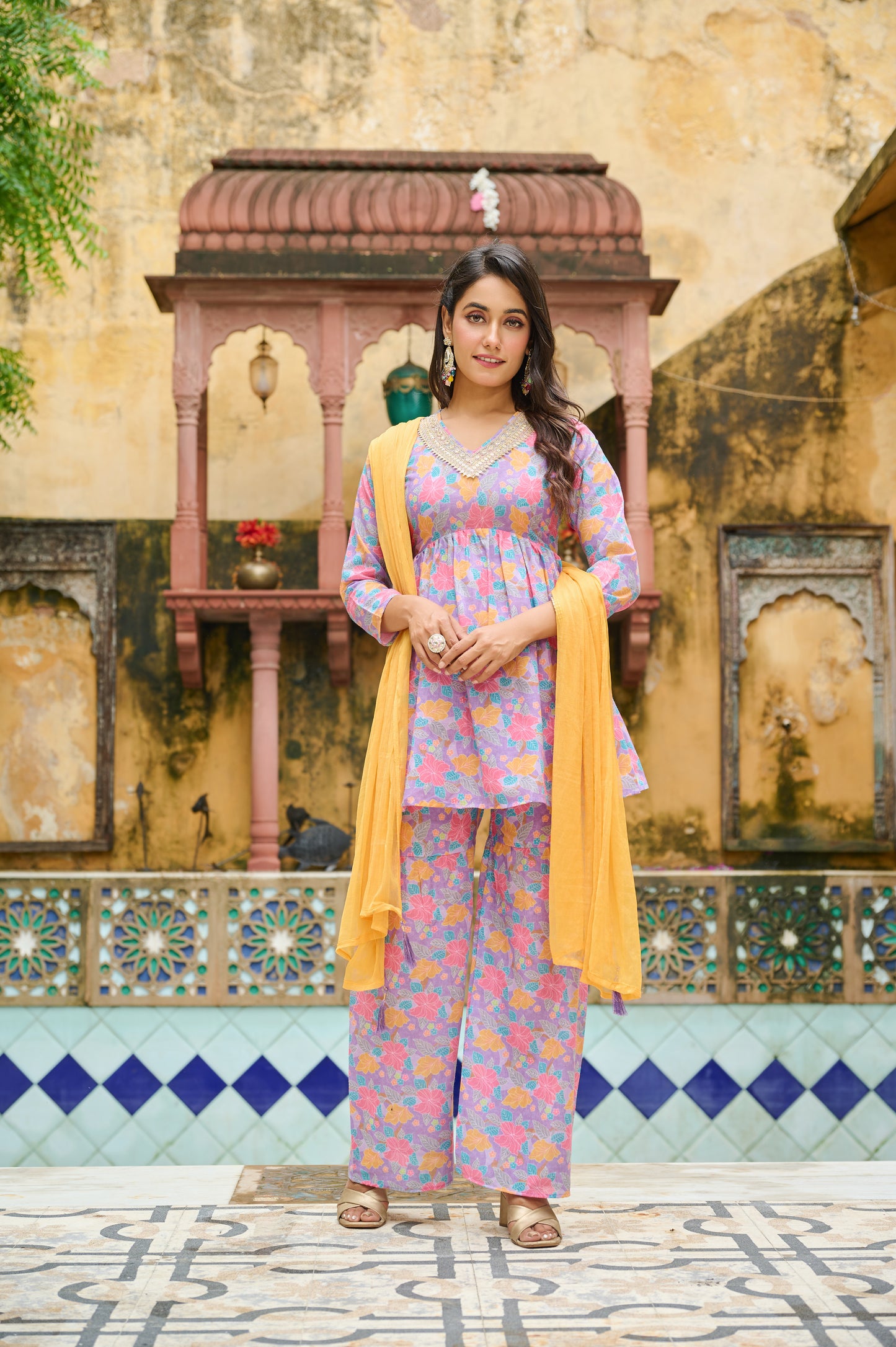 Kudi Botanical Print Cotton Kurta Set with Dupatta