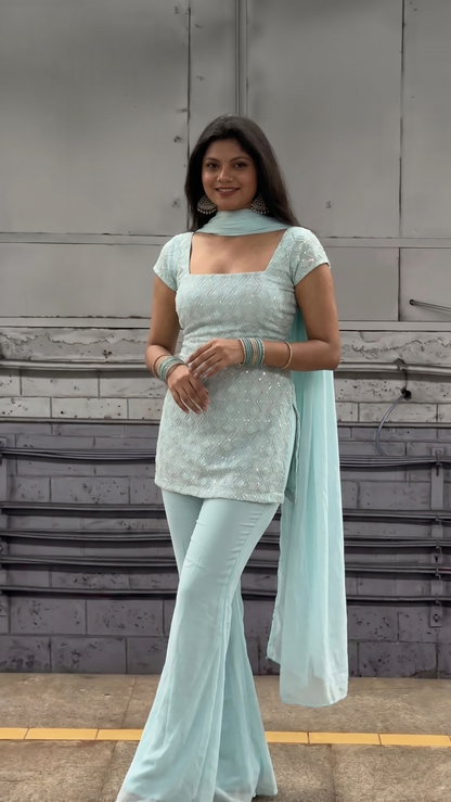 90's Style Glam Kurta Set with Bell Bottom Palazzo & Dupatta