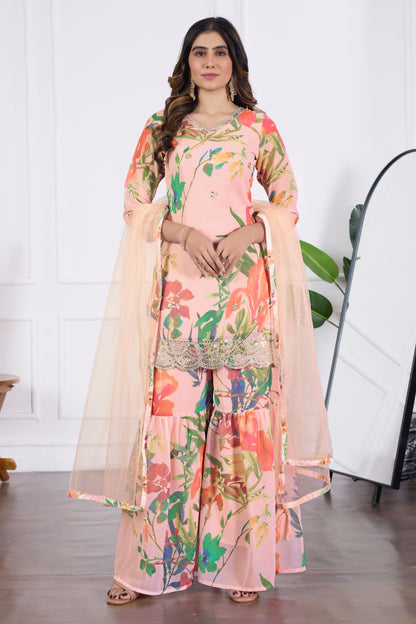 Palak Embroidered Printed Sharara Set with Dupatta