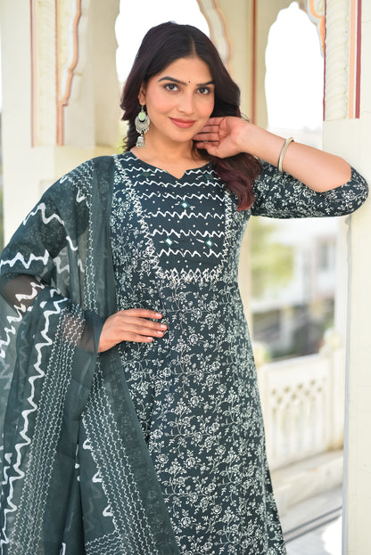 OCEAN LEAF COTTON KURTA SET WITH DUPATTA