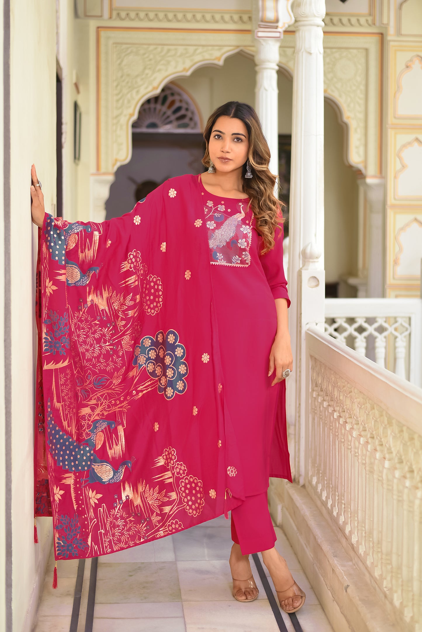 peacock Pure Silk printed Kurta with Trousers and dupatta