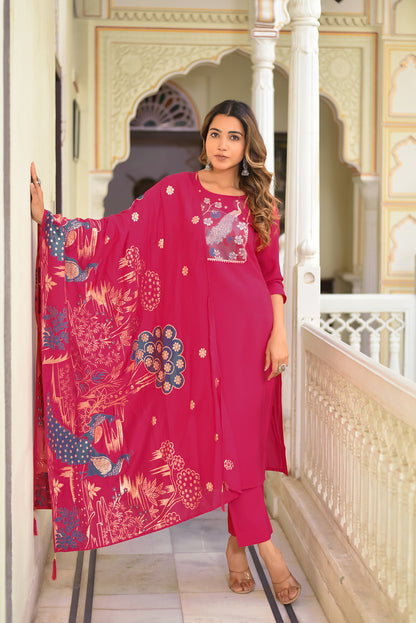 peacock Pure Silk printed Kurta with Trousers and dupatta