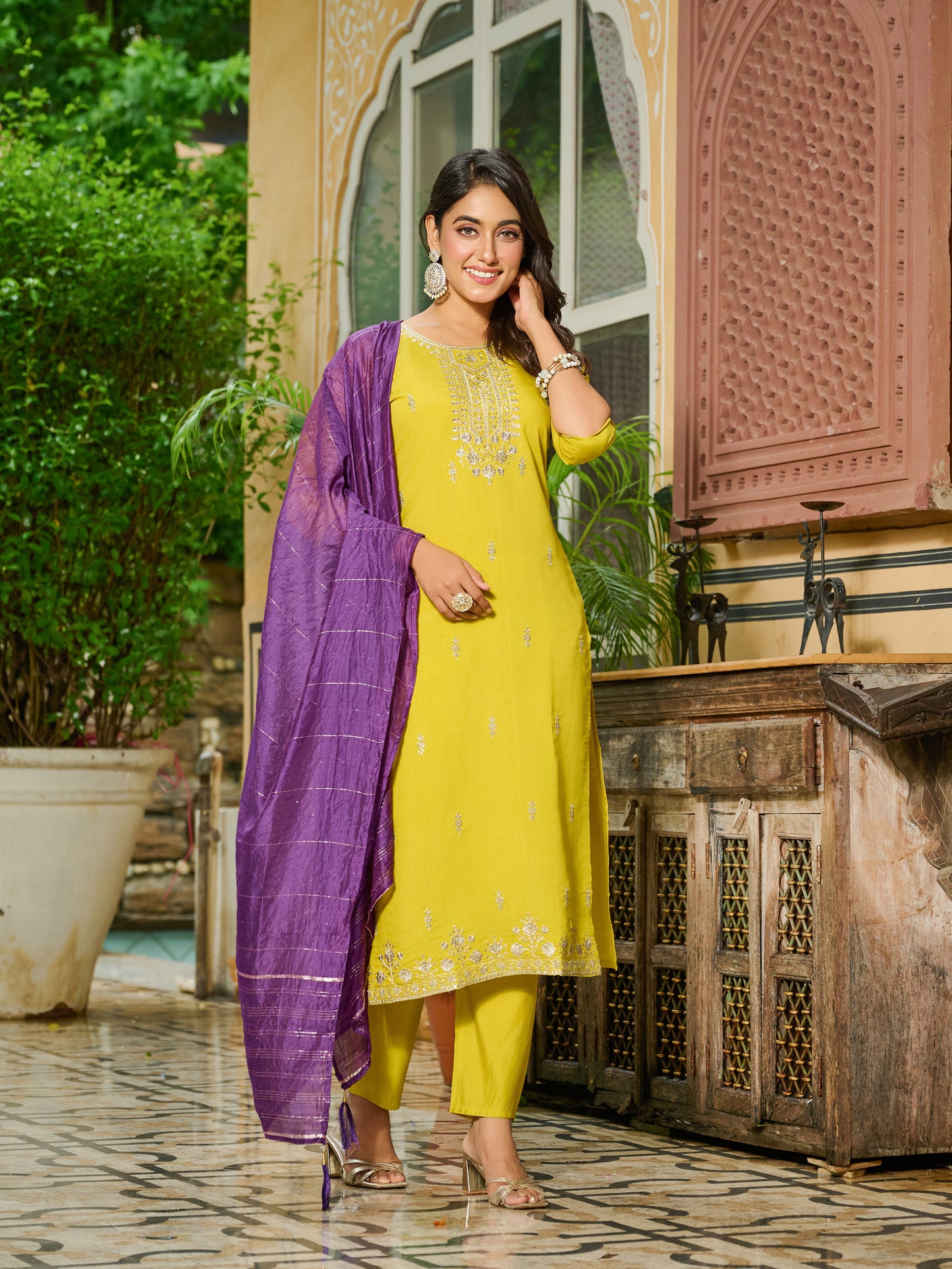 Tanvi Silk Blend Embroidered Kurta Set with Trousers and dupatta