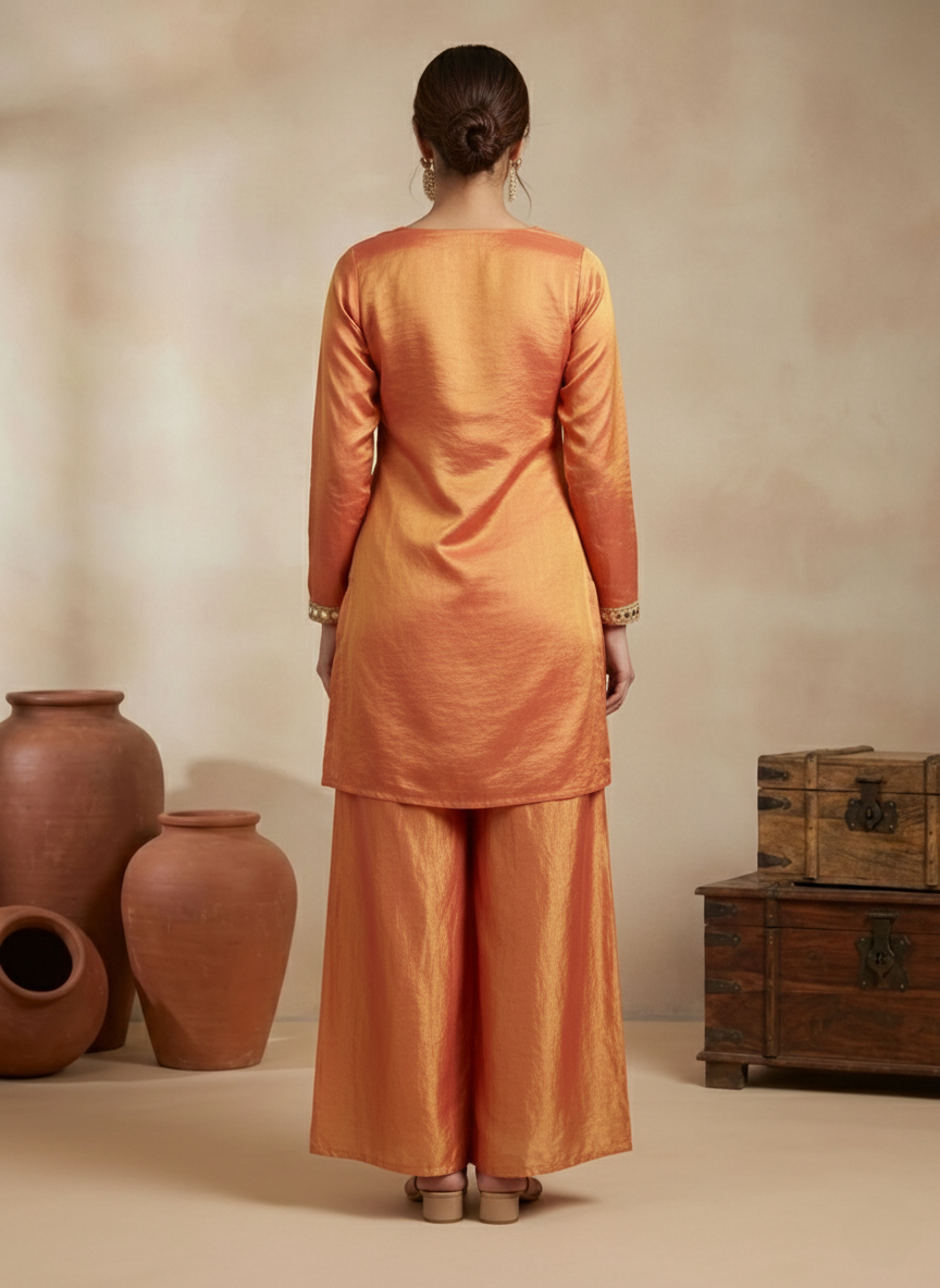 Mirror Work Embroidered Kurti with Dupatta & Plazo