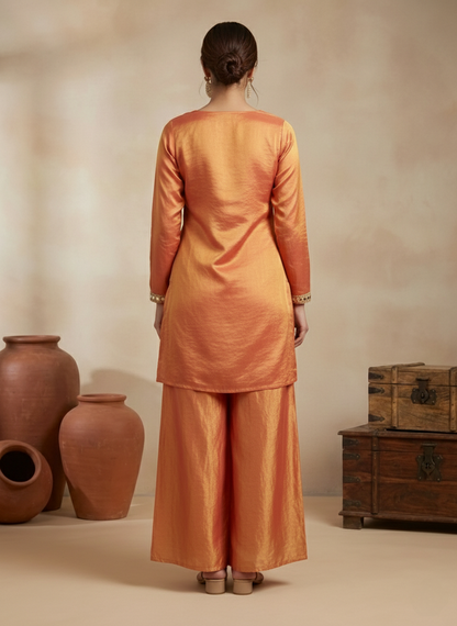 Mirror Work Embroidered Kurti with Dupatta & Plazo