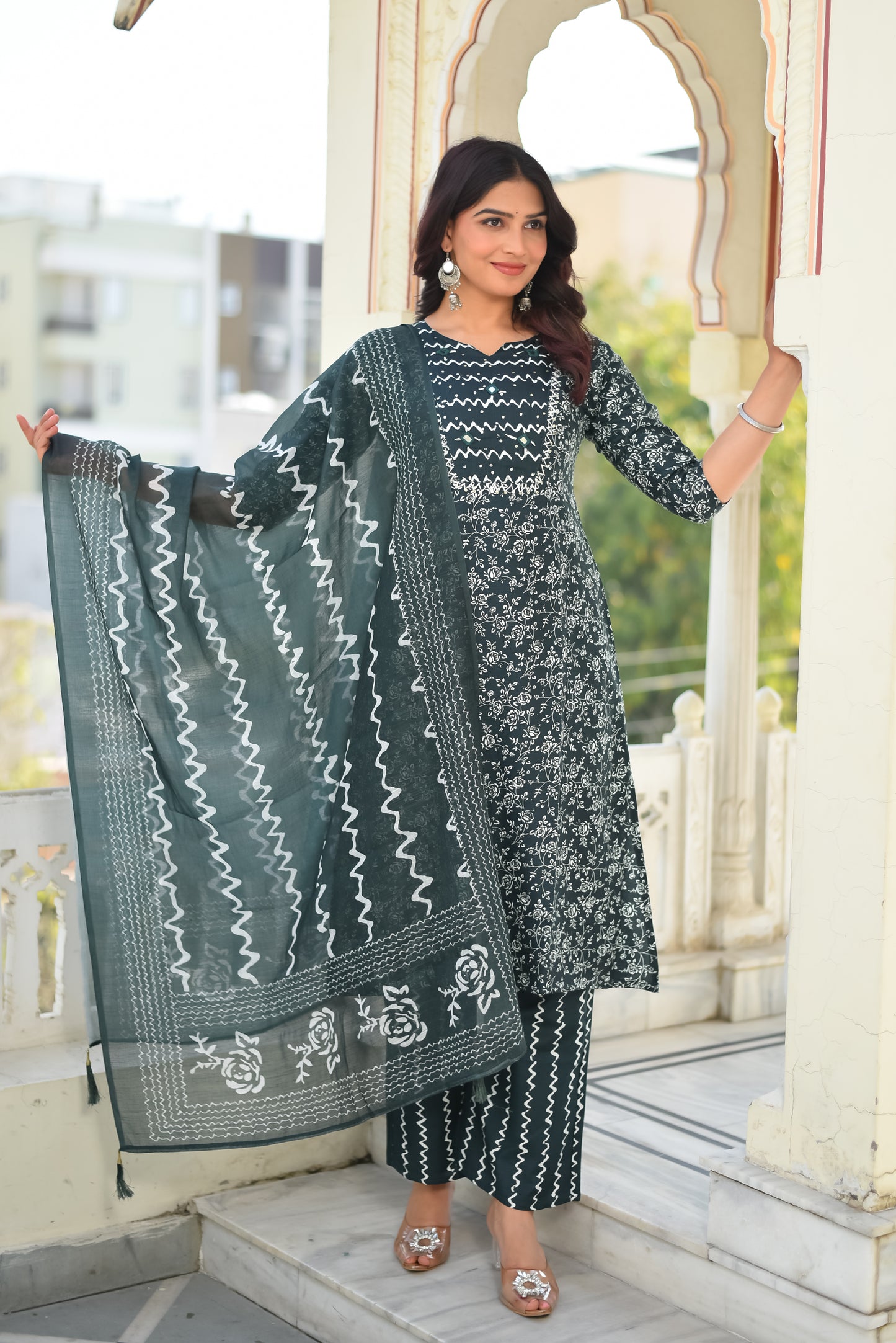 OCEAN LEAF COTTON KURTA SET WITH DUPATTA