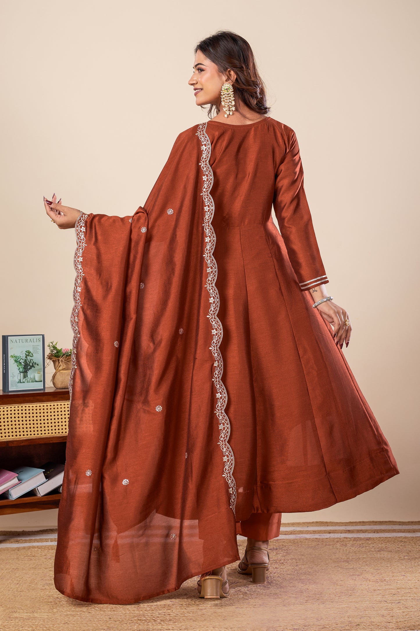 Rust Koti Embroidered Silk Anarkali Kurta With Dupatta Set