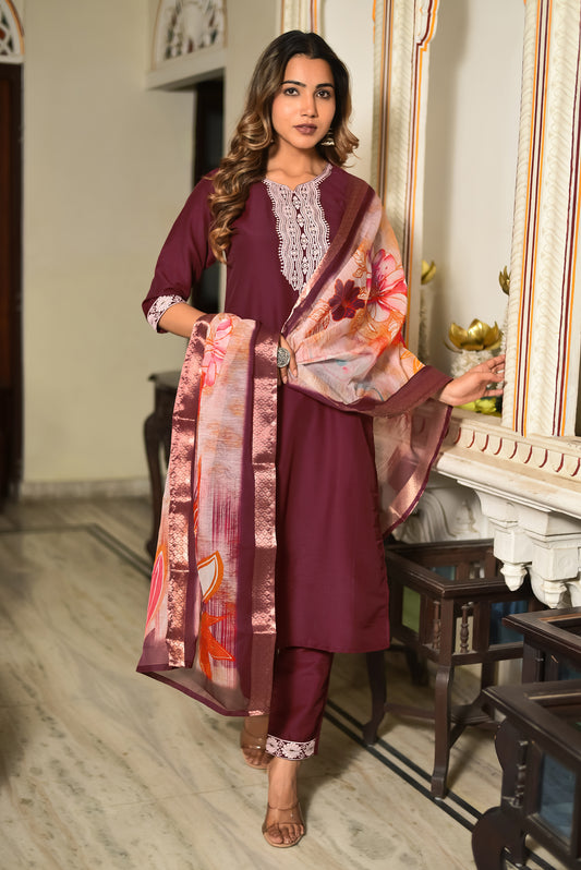 Velour Charm Embroidered Kurta Set with Dupatta