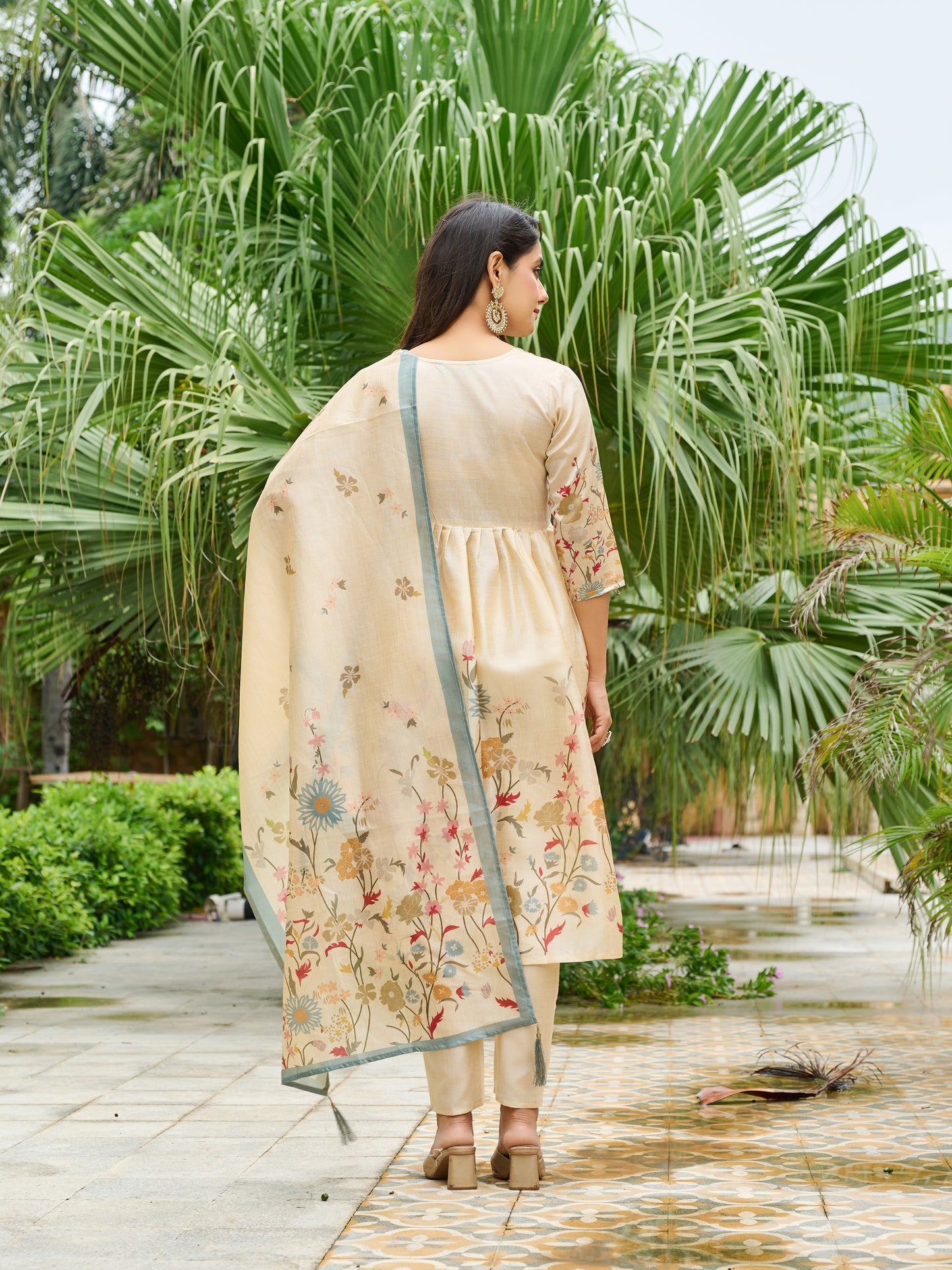 Ira Floral Printed Anarkali Pleated Kurta & Trousers With Printed Dupatta