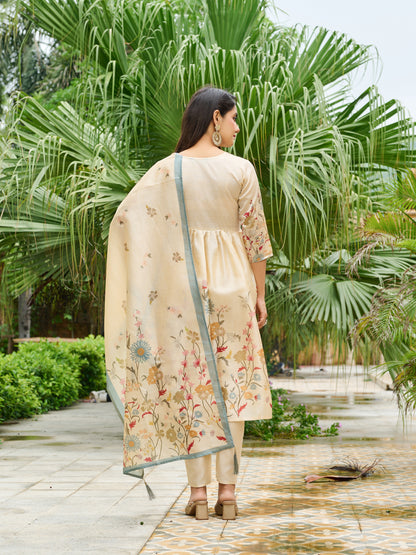 Ira Floral Printed Anarkali Pleated Kurta & Trousers With Printed Dupatta