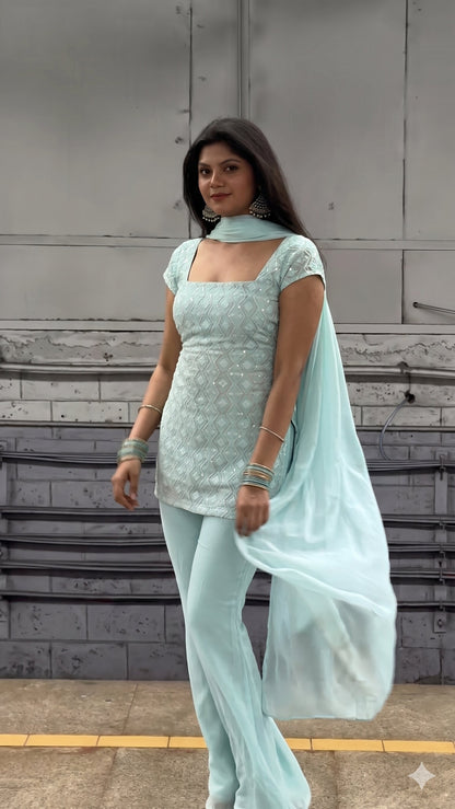 90's Style Glam Kurta Set with Bell Bottom Palazzo & Dupatta