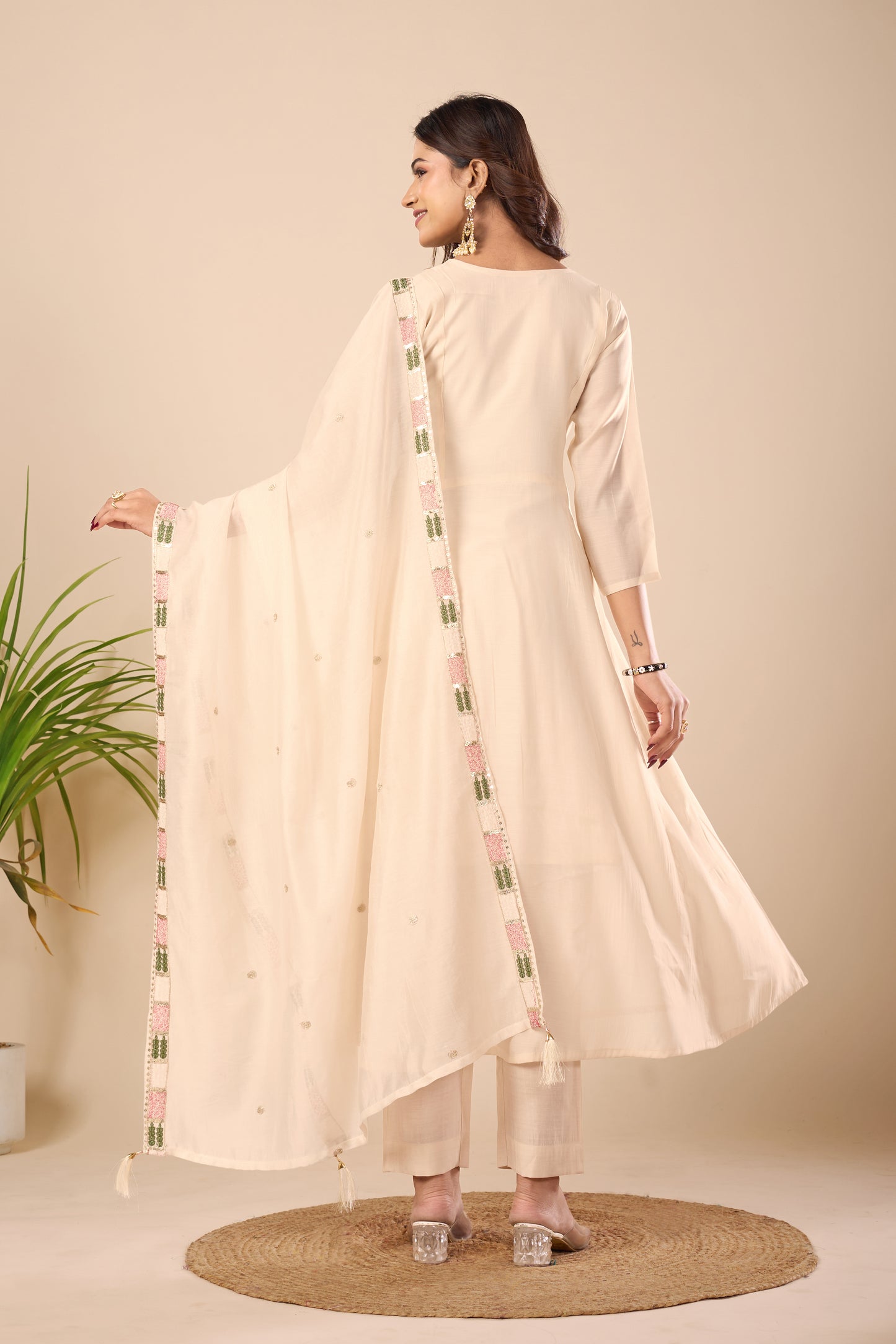 Lotus Peach Embroidered Pure Mul Chanderi Anarkali Kurta With Dupatta Set