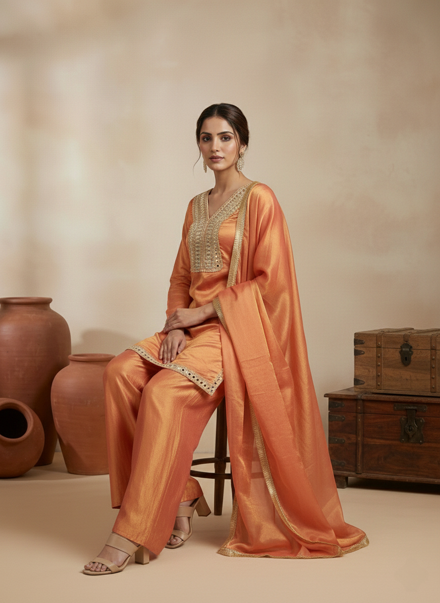 Mirror Work Embroidered Kurti with Dupatta & Plazo