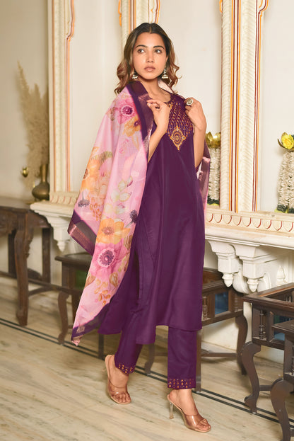 Prisha Motifs Embroidered Silk Kurta with Trouser & Dupatta
