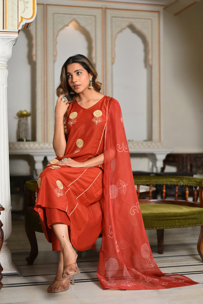 Regal Rust Silk Kurta Set With Dupatta