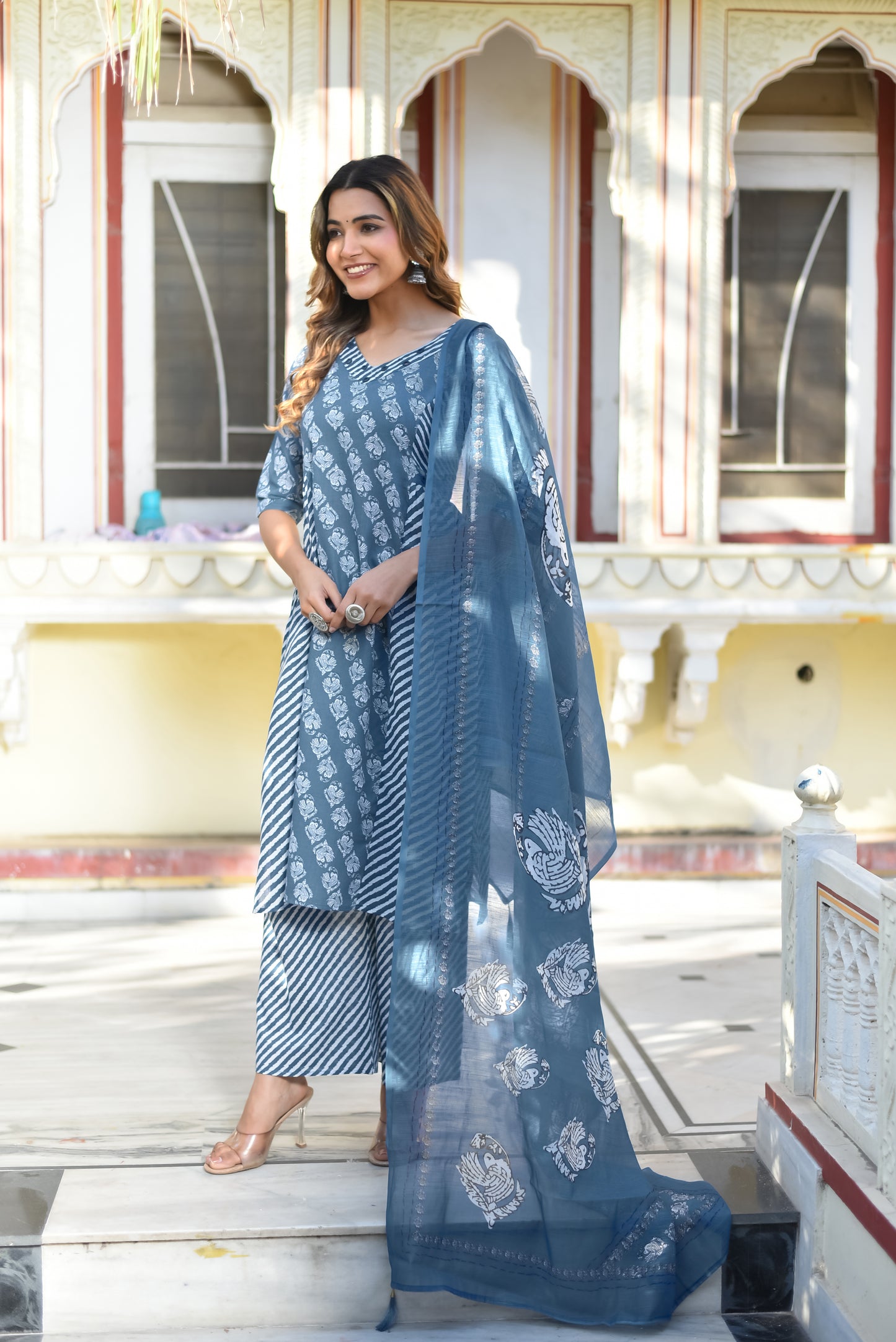 Serene Sky Blue Floral Kurta Set with Dupatta