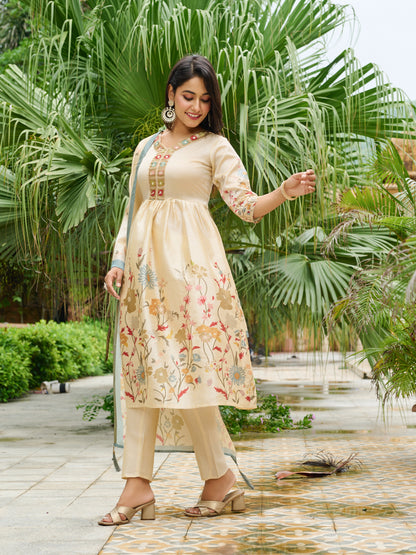Ira Floral Printed Anarkali Pleated Kurta & Trousers With Printed Dupatta