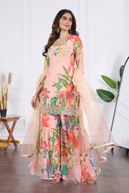 Palak Embroidered Printed Sharara Set with Dupatta