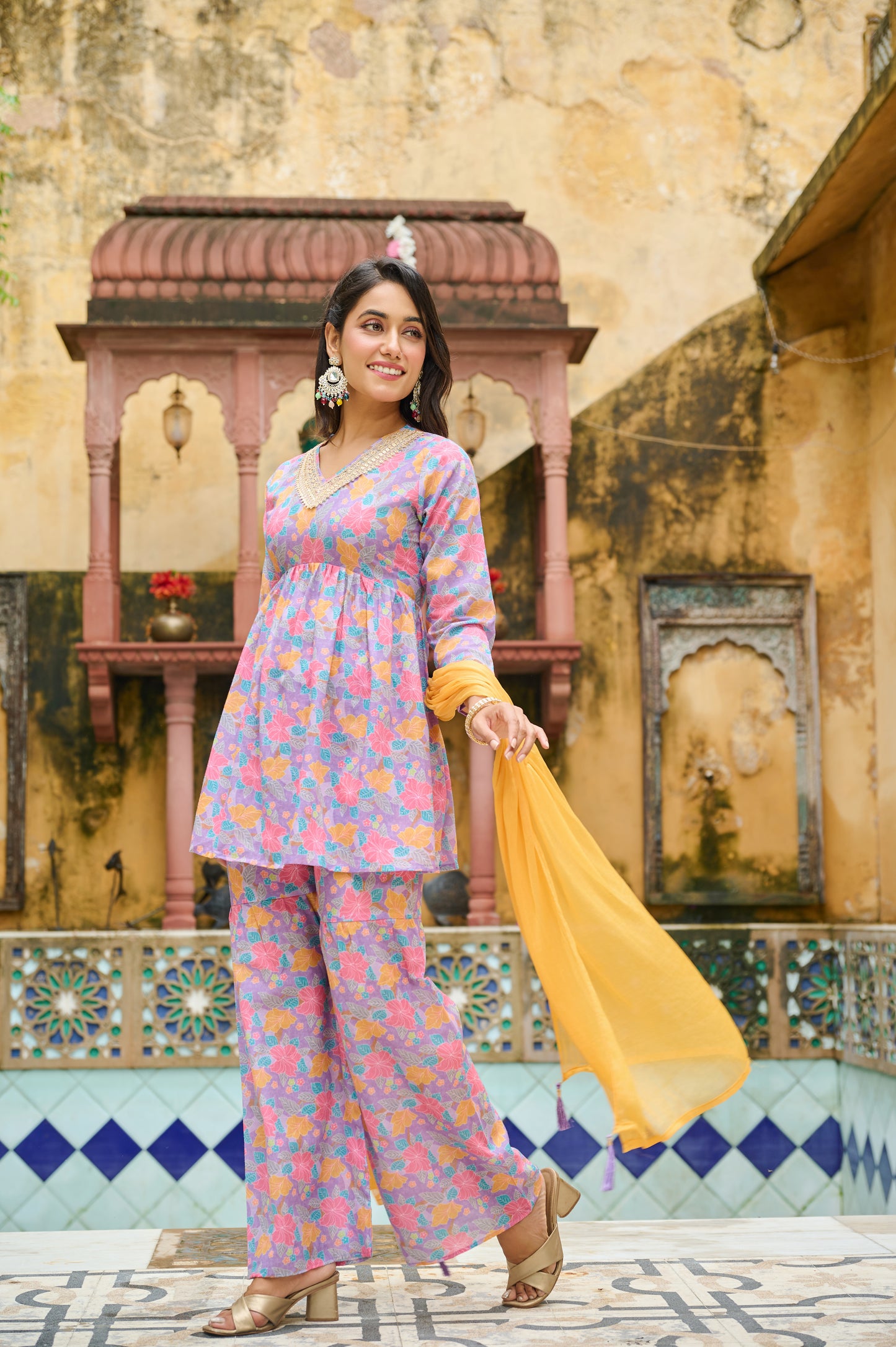 Kudi Botanical Print Cotton Kurta Set with Dupatta