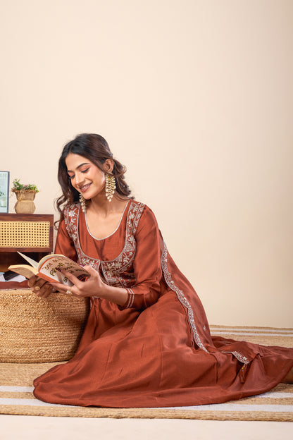 Rust Koti Embroidered Silk Anarkali Kurta With Dupatta Set