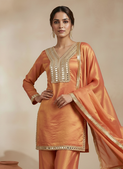 Mirror Work Embroidered Kurti with Dupatta & Plazo