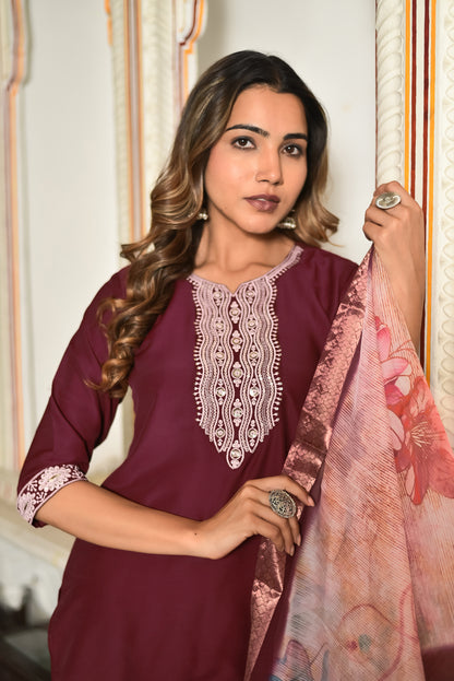 Velour Charm Embroidered Kurta Set with Dupatta