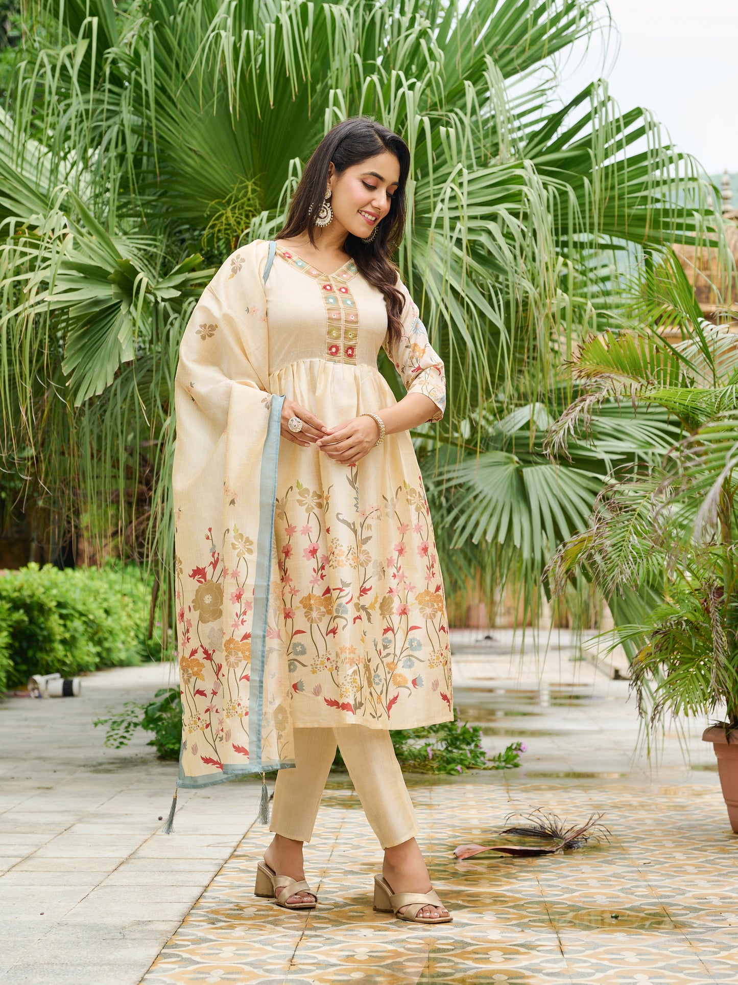 Ira Floral Printed Anarkali Pleated Kurta & Trousers With Printed Dupatta