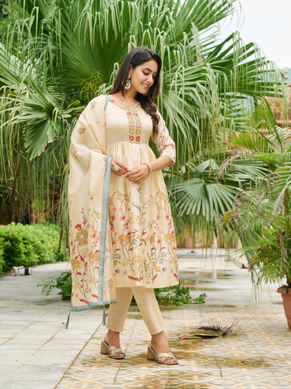 Ira Floral Printed Anarkali Pleated Kurta & Trousers With Printed Dupatta