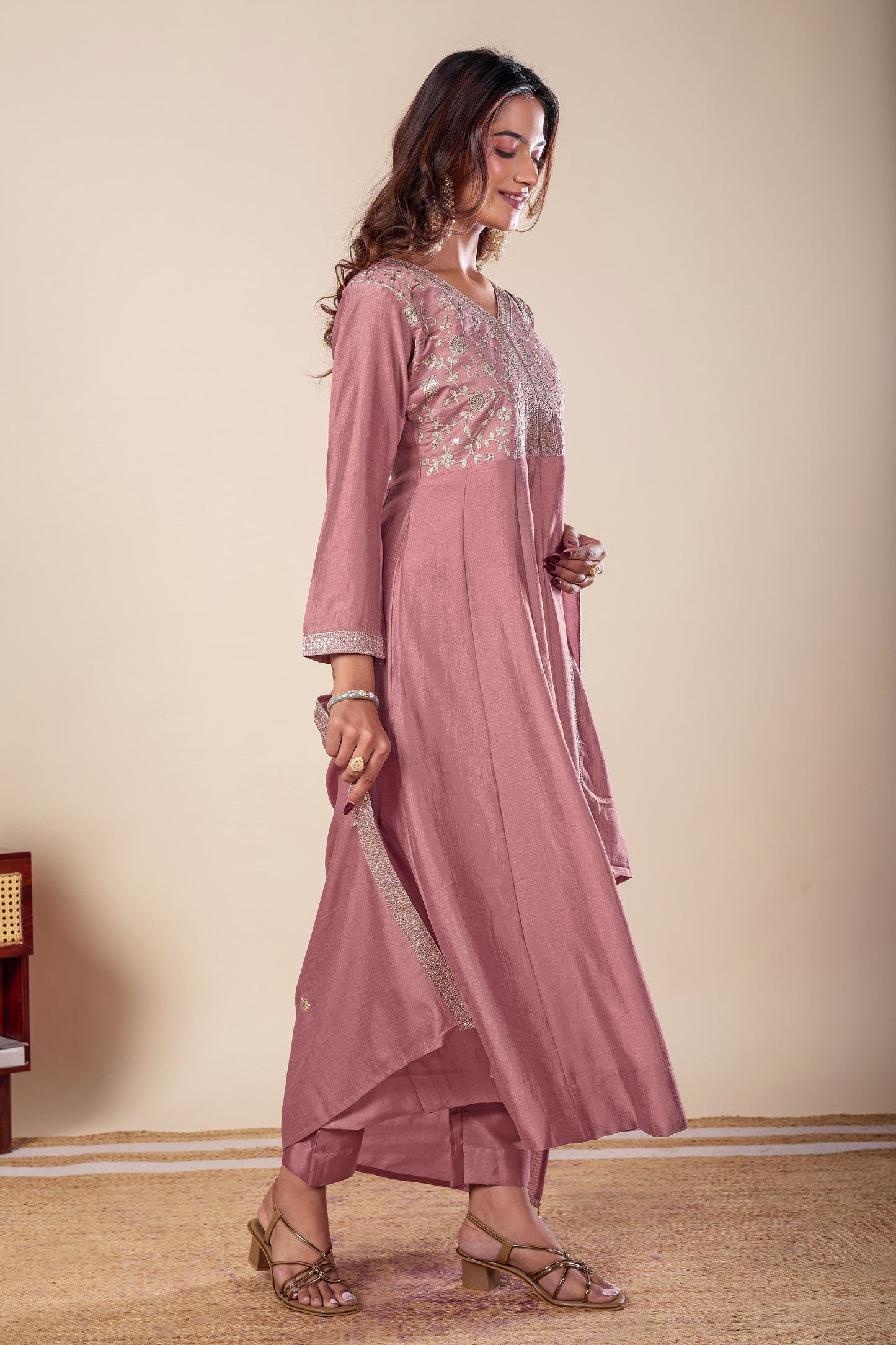 Pink Embroidered Silk Anarkali Kurta With Dupatta Set