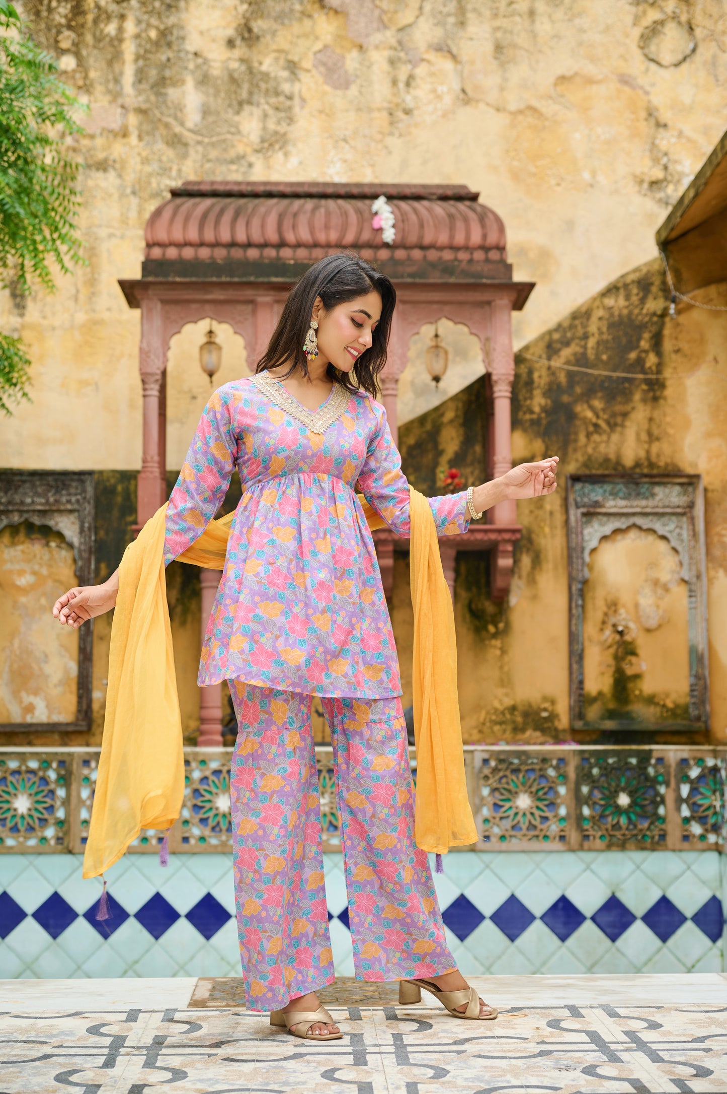 Kudi Botanical Print Cotton Kurta Set with Dupatta