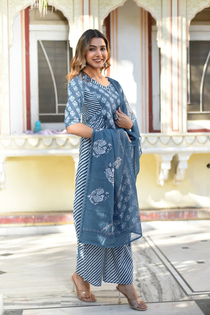 Serene Sky Blue Floral Kurta Set with Dupatta