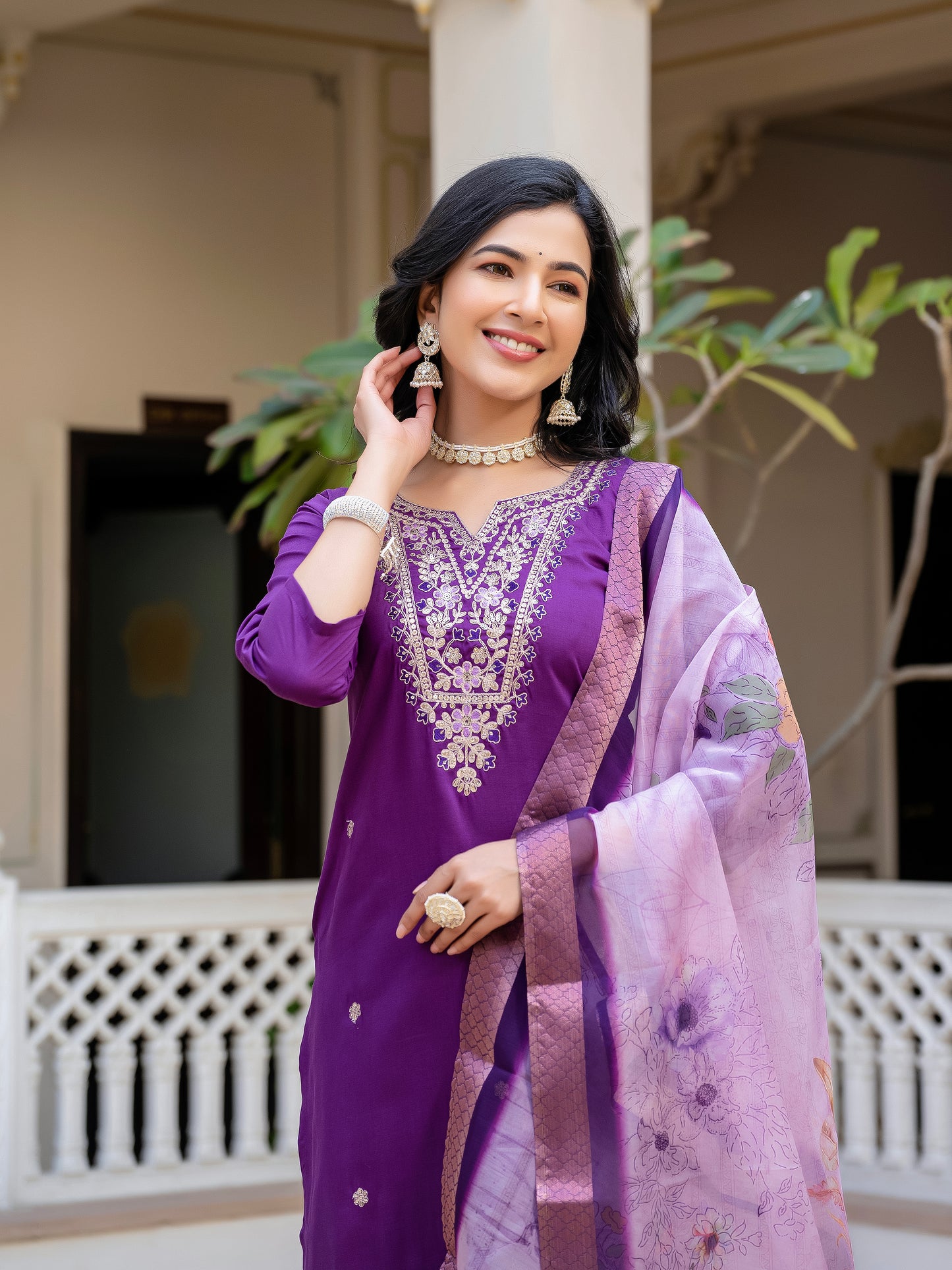 Sara Motifs Embroidered Silk Kurta with Trouser & Dupatta