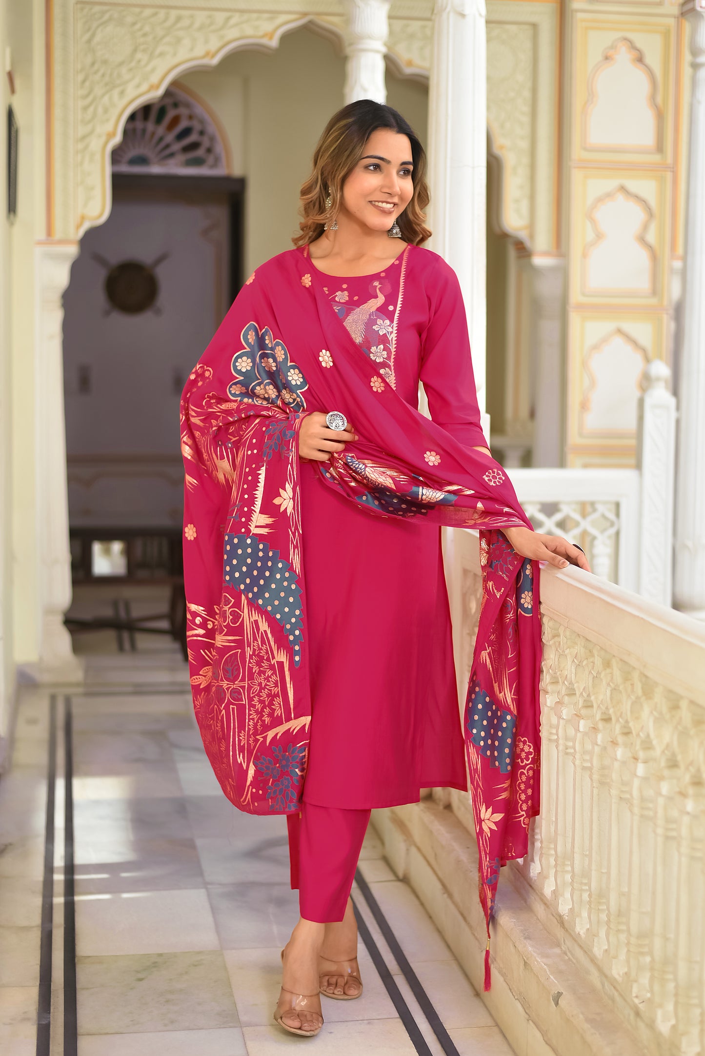 peacock Pure Silk printed Kurta with Trousers and dupatta