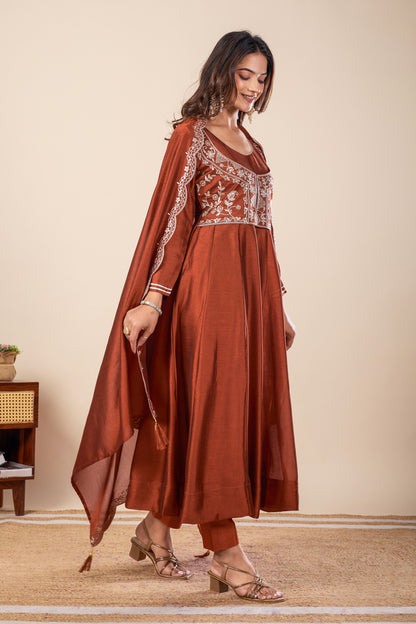 Rust Koti Embroidered Silk Anarkali Kurta With Dupatta Set